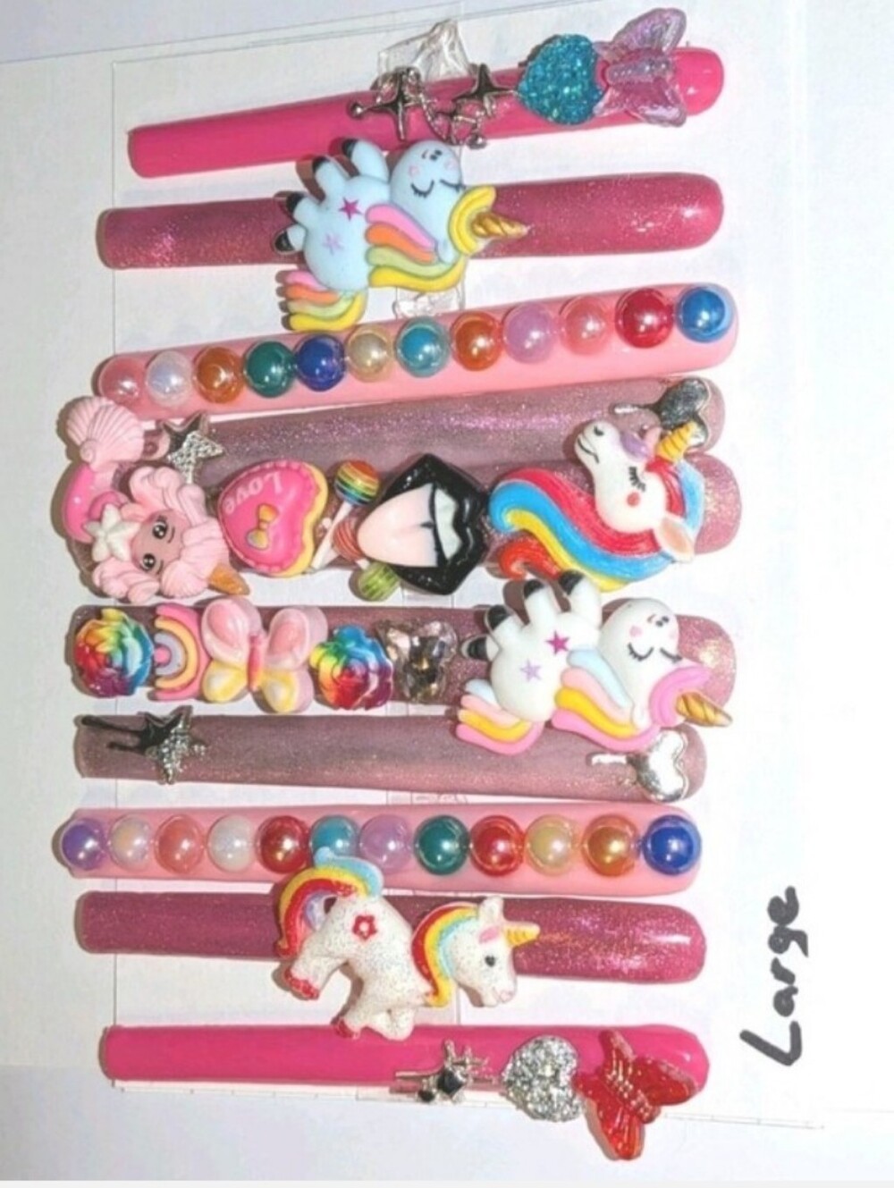 Hand CRAFTED Unicorn & Rainbow Pink Glitter Cat Eye 6XL Press On Nails Sz Large